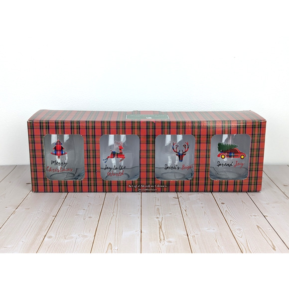 Winterberrie Lane Christmas Stemless Glasses 20 oz Set of 4 Plaid Holiday NIB - Picture 1 of 9